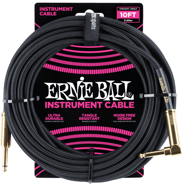 Ernie Ball INSTRUMENT CABLE WITH WOVEN SHEATH JACK/JACK ANGLED 3M BLACK