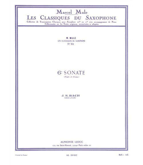 Leduc BACH J.S. - 6e SONATE (FLUTE) - SAXOPHONE & PIANO