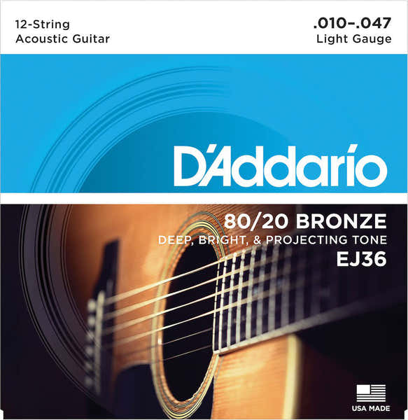 D'ADDARIO EJ36 12-STRING BRONZE ACOUSTIC GUITAR STRINGS LIGHT 10-47