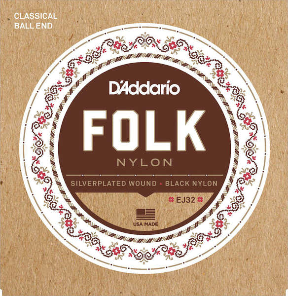 D'ADDARIO EJ32 FOLK NYLON GUITAR STRINGS BALL END SILVER WOUND/BLACK NYLON TREBLES