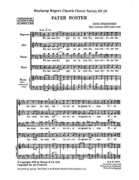 Boosey & Hawkes Stravinsky - Pater Noster No. 29 - Choeur Mixte (satb) A Cappella