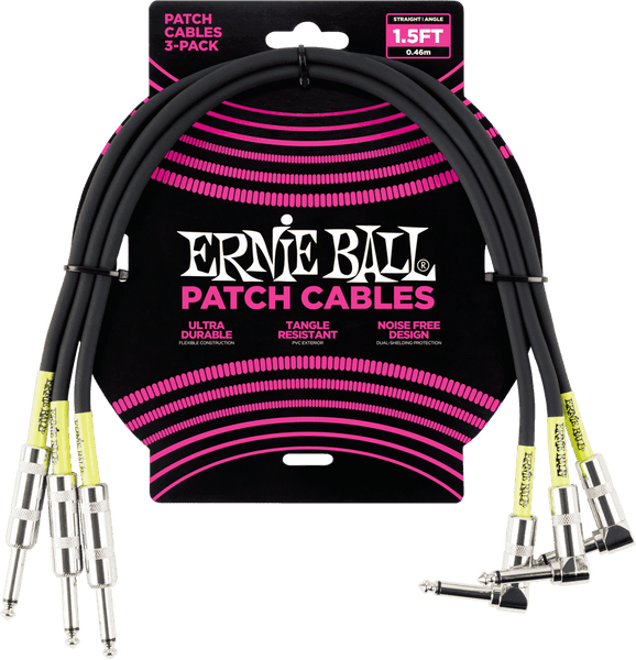 Ernie Ball Instrument Cables Patch Pack Of 3 - Straight /Angled - 46CM Black