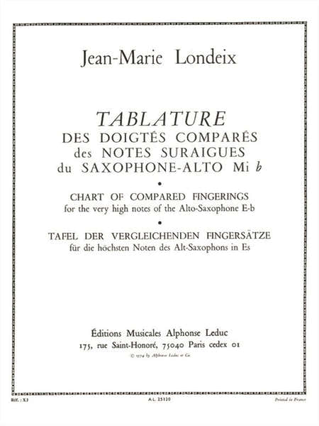 Leduc Londeix JEAN-marie - Tablature Des Doigtes Compares Des Notes Suraigues - Saxophone Alto