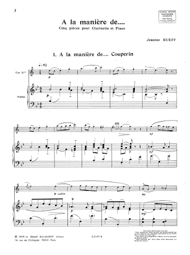 Billaudot Rueff Jeanine - A La Maniere De - Clarinette Piano