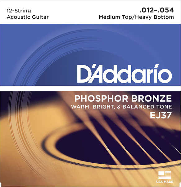 D'ADDARIO EJ37 12-STRING PHOSPHOR BRONZE ACOUSTIC GUITAR STRINGS MEDIUM TOP/HEAVY BOTTOM 12-54
