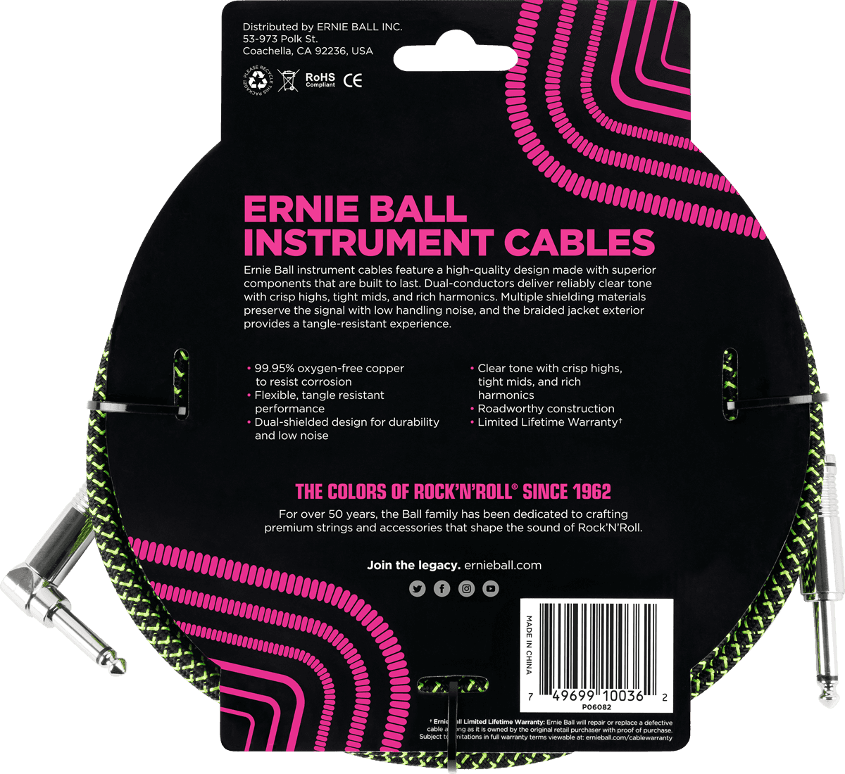 INSTRUMENT CABLE WOVEN SHEATH JACK/JACK ANGLED 5,5M BLACK/GREEN