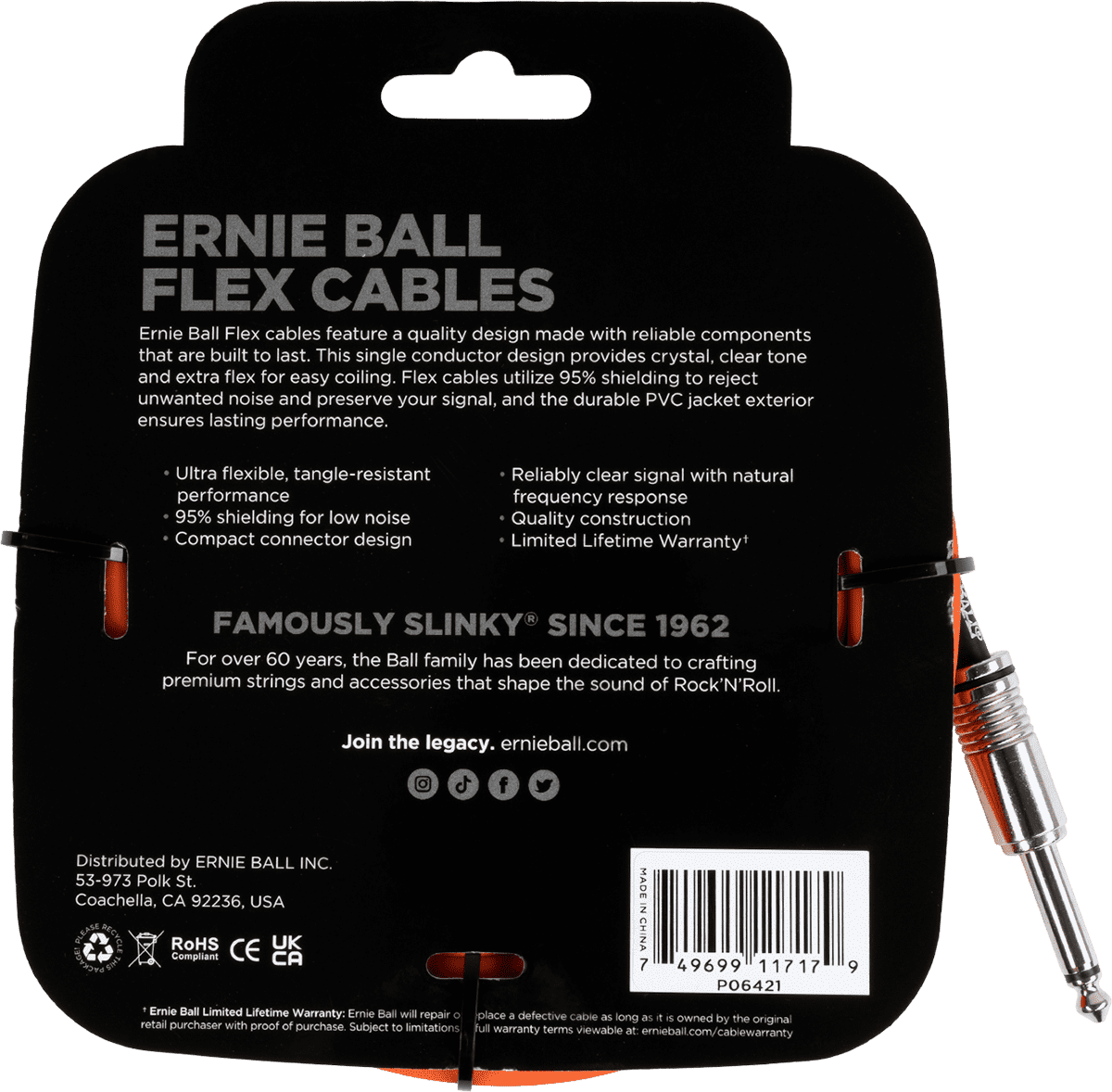 INSTRUMENT CABLES FLEX JACK/JACK 6M ORANGE