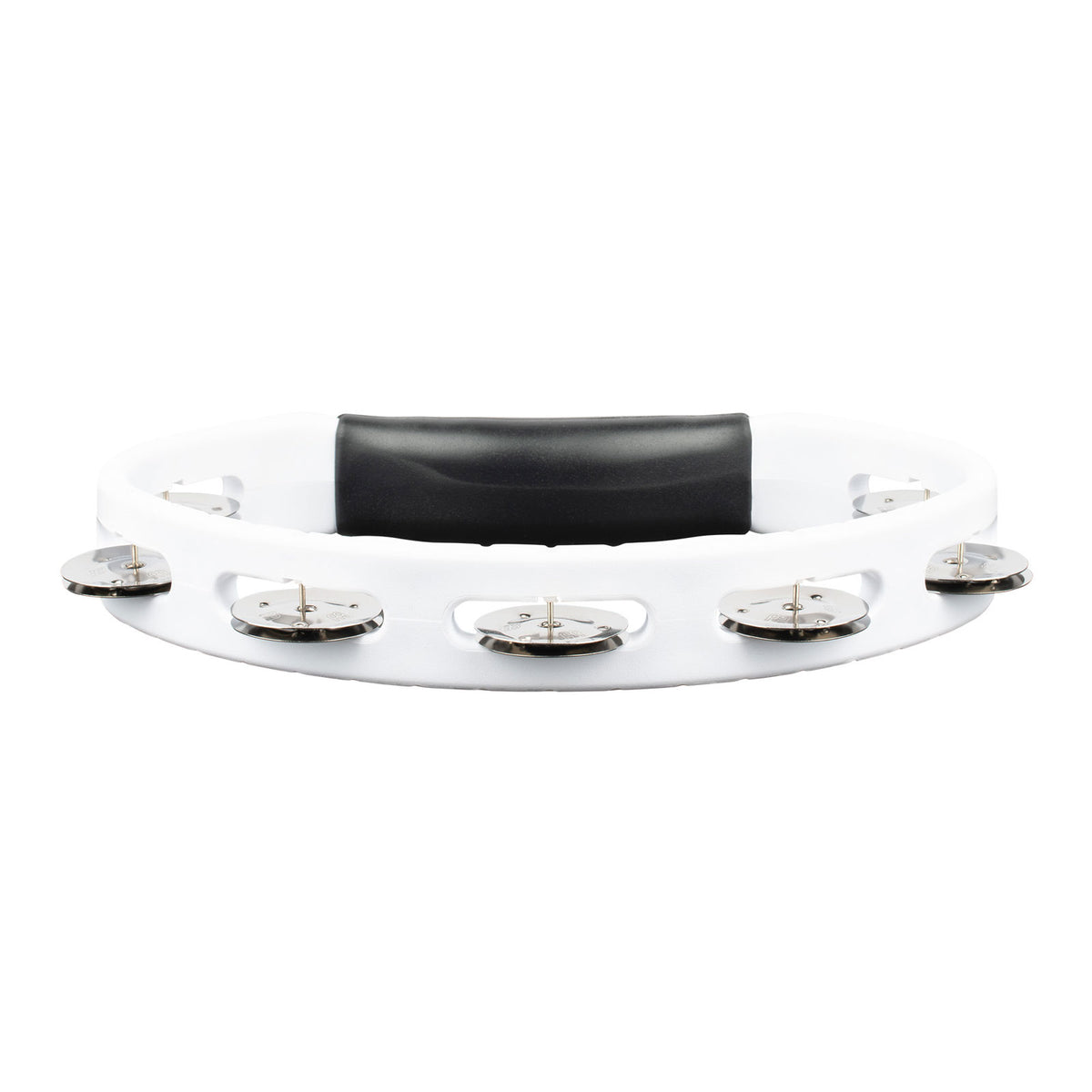 PERCUSSION HEADLINER SERIES HAND HELD ABS TAMBOURINE SINGLE ROW WHITE STAINLESS STEEL JINGLES
