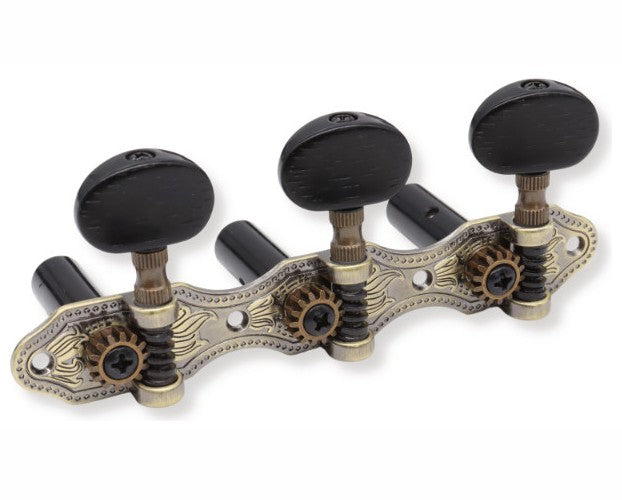 CLASSIC GUITAR TUNING MACHINES 3+3 HAUSER BLACK BUTTON AND ROLLER AGED BRASS