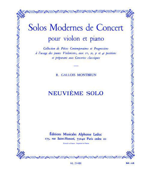 Leduc GALLOIS-montbrun Raymond - 9eme Solo De Concert - Violon & Piano