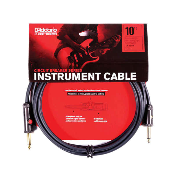 D'ADDARIO 10' CIRCUIT BREAKER INSTRUMENT CABLE WITH LATCHING CUT-OFF SWITCH STRAIGHT PLUG