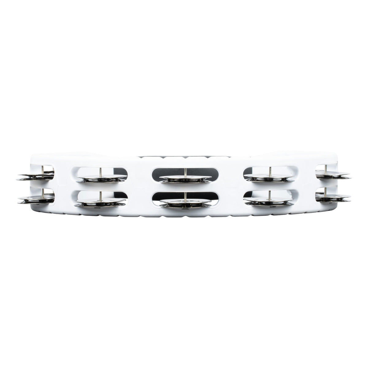 PERCUSSION HEADLINER SERIES HAND HELD ABS TAMBOURINE DUAL ROW WHITE STAINLESS STEEL JINGLES