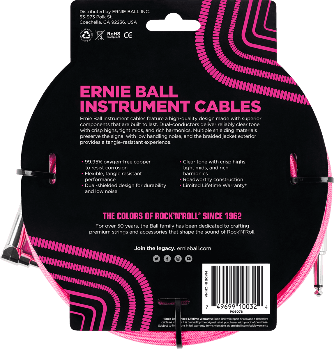 INSTRUMENT CABLES WOVEN SHEATH JACK/JACK ANGLED 3M FLUORESCENT PINK