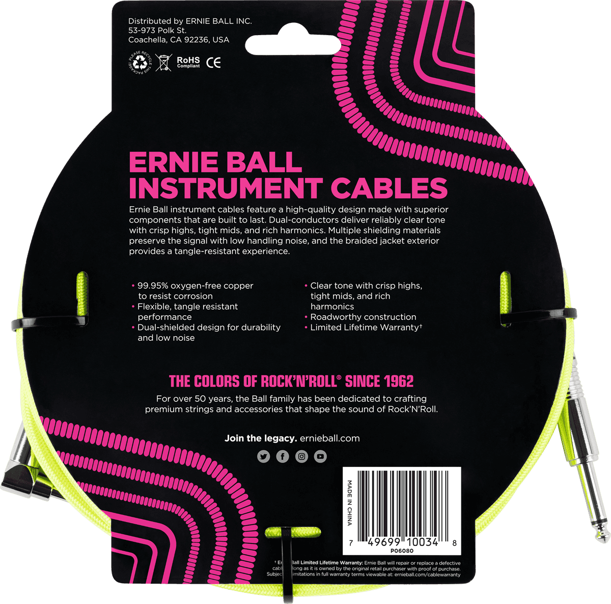 INSTRUMENT CABLES WOVEN SHEATH JACK/JACK ANGLED 3M FLUORESCENT YELLOW