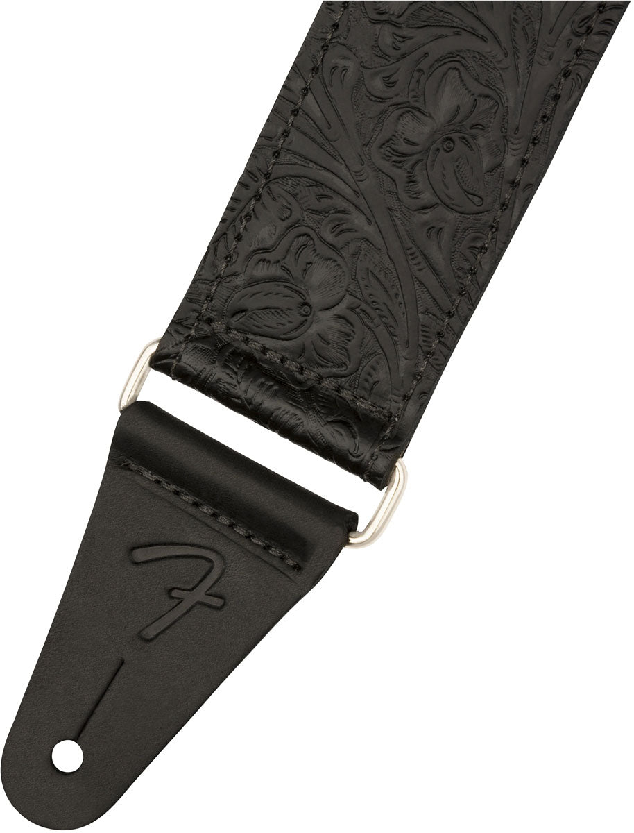 TOOLED LEATHER GUITAR STRAP 2" BLACK