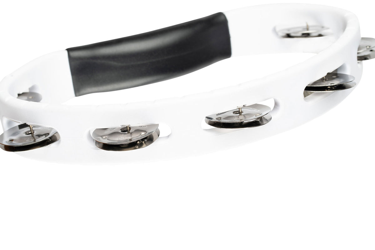 PERCUSSION HEADLINER SERIES HAND HELD ABS TAMBOURINE SINGLE ROW WHITE STAINLESS STEEL JINGLES