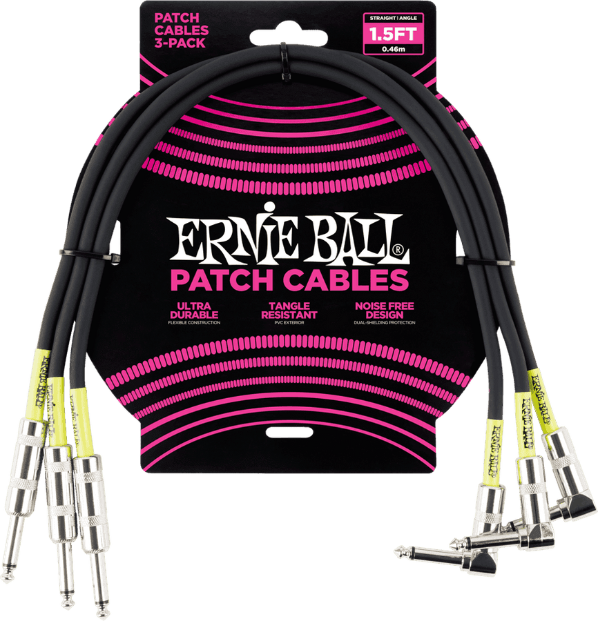 Instrument Cables Patch Pack Of 3 - Straight /Angled - 46CM Black