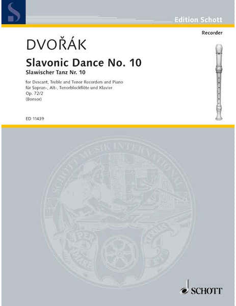 Schott Dvorák - Slavonic Dance No 10 Op. 72/2 - 3 Flute A Bec (sat) et Piano
