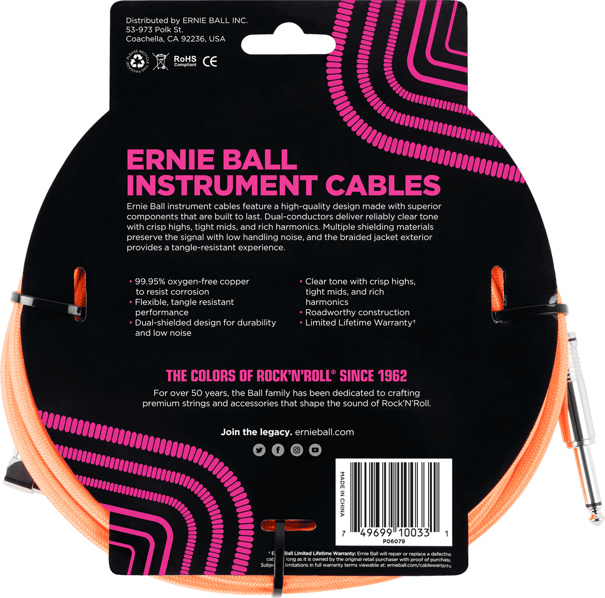 INSTRUMENT CABLES WOVEN SHEATH JACK/JACK ANGLED 3M ORANGE